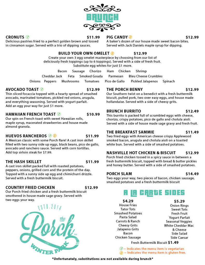 Weekend Brunch & Lunch Menus The Porch Winter Park, FL