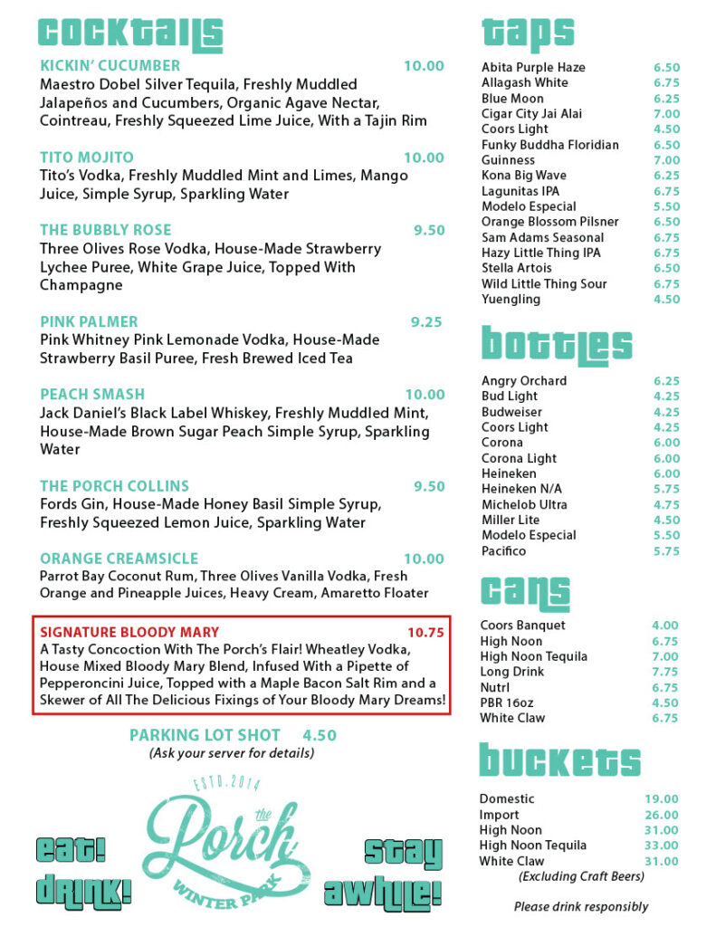 Drinks Menu The Porch Winter Park